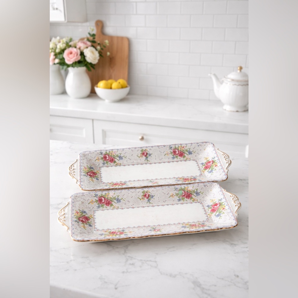 Classic Royal Albert Bone China Set of 2 Vintage “Petit Point” Sandwich Trays